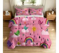 Générique Couette 200 x 200 cm Dessin Animé Arc en Ciel Rose 4 Saisons, Couette Animaux Oiseau Soleil Nuage pour Lit 2 Personnes, Edredon Léger Réversible sans Housse et 2 Taies d'oreiller 65 x 65 cm