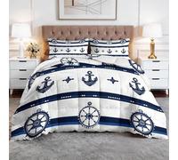 Générique Couette 200 x 200 cm Géométrie Rayures Ancre Couette Couverture Respirante et Super Douce pour 4 Saisons avec 2 Taies d'oreiller, Couture en U Premium, pour Suite Matrimoniale, Bleu