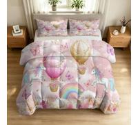 Générique Couette 200 x 200 cm Rose Licorne Montgolfière Papillon - Parure de Lit Cartoon Onirique en Microfibre 4 Saisons - Couette sans Housse Lavable en Machine Réversible + 2 Taies 65x65