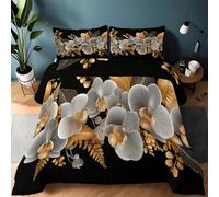 Générique Couette 220 x 240 cm Plantes Orchidées Dorées Motifs Élégants Imprimée en Microfibre Edredon Couette 4 Saisons 2 Personnes en Machine Réversible et 2 Taies d'oreiller 65x65 cm, Noir