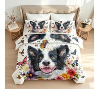 Générique Couette 220x240 4 Saisons Border Collie Couette Imprimée Réversible Fleurs Papillons sans Housse Duvet 1 Personne Édredon Legere Chaude Lavable en Machine et 2 Taies d'oreiller2y123