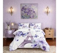 Générique Couette 220x240 cm Tour Eiffel, Couette 2 Personnes, Duvet Fleurs et Papillons Violets Réversible sans Housse, Couettes 4 Saisons Légère Chaud avec 2 Taies d'oreiller sm401
