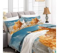 Générique Couette 240 x 220 cm 4 Saisons Jaune Orangé, Couette Réversible Imprimée Dessin Animé Chat Roux Nuage Edredon 2 Personnes, Édredon Lit Legere et Chaude avec 2 Taies d'oreiller 65 x 65 cm