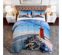 Générique Couette 240 x 220 cm Côtes Océans Phares Ciels - Imprimée Réversible, Couette 4 Saisons Côtier Lavable 2 Personnes, Édredon sans Housse Super Doux avec 2 Taies d'oreiller 65 x 65 cm