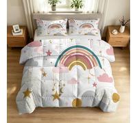 Générique Couette 240 x 220 cm Dessin Animé Arc en Ciel Blanc 4 Saisons, Couette Nuage Étoile Lune Céleste pour Lit 2 Personnes, Edredon Léger Réversible sans Housse et 2 Taies d'oreiller 65 x 65 cm