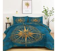 Générique Couette 240 x 260 cm 4 Saisons, Couette sans Housse Enfant Motif Nautique Vintage Boussole Shabby, Édredon Double Chaud Respirant Confortable avec 2 Taie d'oreiller 65 x 65 cm, Bleu Mer