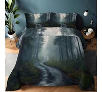 Générique Couette 260x240cm avec Forêt Arbres Chemins Imprimée, Nature Couette 4 Saisons en Microfibre pour Lit 2 Personnes, Couettes Réversible Ultra Douce Lavable en Machine, Vert Foncé