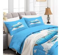 Générique Couette 4 Saisons 240 x 220 cm - sans Housse, Edredon Bleu Ciel Hiver et Été Chaude Lavable Couette Dessin Animé Dirigeable Nuage Blanc Hypoallergénique Linge de Lit avec taies d'oreiller