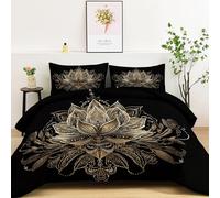 Générique Couette 4 Saisons 260x240cm, Noir Or Bohême Couette Imprimée pour Lit 2 Personnes, Fleurs Lotus Mandala Couettes Lavable en Machine Réversible sans Housse avec 2 Taies d'oreiller