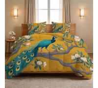 Générique Couette d'été Matelassé Oriental Chinois 140 x 200 cm 100% Coton Lavé Couverture Fraîche, Édredon Douce Et Léger pour 1 Personne, Animaux Paon Fleurs Jaune Courtepointe Fine