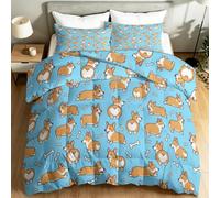 Générique Couette Été 260 x 240 cm, Dessin Animé Amusant Animal Mignon Corgi Douce Microfibre Réversible Couette pour Adultes et Ados, Légère et Respirante Couverture pour Lit 2 Personnes, Bleu
