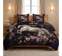 Générique Couette Été Féerique Fleurs 3 pc Parure de Lit pour lit 1 Personne - 100% Coton Lavé Légère et Fine - Animaux Cheval Blanc Édredon 4 Saisons et 140 x 200 cm + 2 Taie d'oreiller 65x65 cm