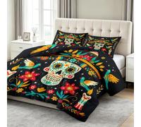 Générique Couette Imprimée 200 x 200 cm pour Lit 2 Personne, Thème d'halloween Fleurs Crâne Couette sans Housse 4 Saisons Reversible, Duvet Doux et Chaud pour Allergiques, Couleur