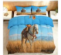 Générique Couette Imprimée 240 x 220 cm 4 Saisons, Couette sans Housse Montagnes Animaux Cheval Cow-Boy Cooling Reversible, Édredon Matelassé Pastoral Paysage Legere Lavable avec 2 Taies d’Oreiller