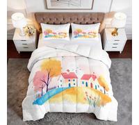 Générique Couette Imprimée 4 Saisons 140 x 200 cm Scandinavie Arbres Parure de Lit 3 Pièces, Microfibre Ultra-Douce & Anti-Acariens - Conception sans Housse avec Matelassage Losanges, Beige