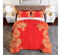 Générique Couette Imprimée 4 Saisons 200 x 200 cm Chine Animaux Dragon Parure de Lit 3 Pièces, Microfibre Ultra-Douce & Anti-Acariens - Conception sans Housse avec Matelassage Losanges, Rouge