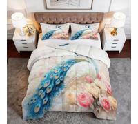 Générique Couette Imprimée 4 Saisons 220 x 240 cm Animaux Fleurs Paon Parure de Lit 3 Pièces, Microfibre Ultra-Douce & Anti-Acariens - Conception sans Housse avec Matelassage Losanges, Beige