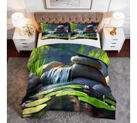 Générique Couette Imprimée 4 Saisons 240 x 260 cm Art Fleurs Lotus Parure de Lit 3 Pièces, Microfibre Ultra-Douce & Anti-Acariens - Conception sans Housse avec Matelassage Losanges, Bleu