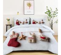 Générique Couette Imprimée Noël Bas De Noël Renne Art du Patchwork - Réversible Toutes Saisons 140x200cm avec 2 Taie d'oreiller 65x65 cm, 1 Personne Edredon Anti Allergie Gris Couette sans Housse