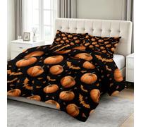 Générique Couette Matelassée Imprimée 4 Saisons 240 x 260 cm Thème d'halloween Chauves Souris Citrouilles Couette sans Housse 2 Personnes, Edredon Réversible Douce Lavable en Machine, Couleur Orange