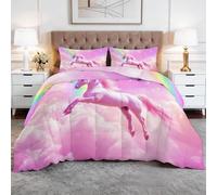 Générique Couette Matelassée Imprimée 4 Saisons Thème du Ciel Licorne Étoiles 140 x 200 cm Douce Léger et Chaud Couette sans Housse 1 Personnes, Edredon Réversible pour Grand Lit et Couple, Rose