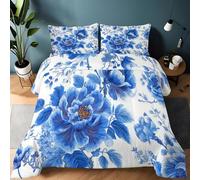 Générique Couette Réversible 140x200 cm Porcelaine Bleue Blanche Fleurs, Parure de Lit en Microfibre Lavable pour 1 Personnes, Couette Bleu Légère et Chaude avec 2 Taies d'oreiller 65x65 cm
