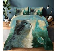 Générique Couette Réversible 200x200 cm Bulles Fantastiques Animal Chat, Parure de Lit en Microfibre Lavable pour 2 Personnes, Couette Vert Légère et Chaude avec 2 Taies d'oreiller 65x65 cm