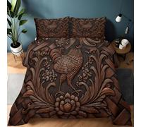 Générique Couette Réversible Motifs Floraux Et De Coq 135 x 200 cm Imprimée 4 Saisons pour Lit 2 Personnes, Edredon Réversible Légère, sans Housse, avec 2 Taies d'oreiller 65x65 cm, Brun Café