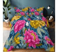 Générique Couette Réversible Motifs Floraux Peints À La Main 200 x 200 cm Imprimée 4 Saisons pour Lit 2 Personnes, Edredon Réversible Légère, sans Housse, avec 2 Taies d'oreiller 65x65 cm, Bleu