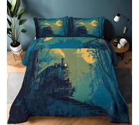 Générique Couette Réversible Rétro Train À Vapeur Forêt 200 x 200 cm Imprimée 4 Saisons pour Lit 2 Personnes, Edredon Réversible Légère, sans Housse, avec 2 Taies d'oreiller 65x65 cm, Bleu