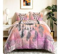 Générique Couette sans Housse 140x200 cm - Parure de Lit 3 Pièces Imprimé Bohème Délicat Fantastique Plume, Couette 4 Saisons Réversible avec 2 Taies d'oreiller 65x65 cm, Douce et Lavable, Rose