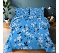 Générique Couettes Imprimée 140 x 200 cm Bleu Couette 4 Saisons, Petites Fleurs en Aquarelle Feuilles Couettes Imprimée Tempérée Couette sans Housse Douce et Confortable et 2 Taie d'oreiller 65x65 cm