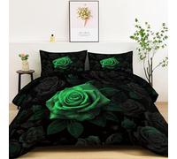 Générique Couettes Imprimée Fleurs Roses Vert Fluo, Noir Couette Matelassée Simple 4 Saisons, Ensemble de Literie Réversible avec 2 Taies d'oreiller, 200x200cm Courtepointe Lavable en Machine