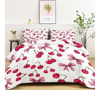 Générique Couettes Imprimée Mignon Nœud Cerise, Blanc Rose Couette Matelassée Simple 4 Saisons, Ensemble de Literie Réversible avec 2 Taies d'oreiller, 220x240cm Courtepointe Lavable en Machine