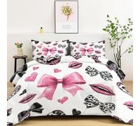 Générique Couettes Imprimée Mignon Nœud Lèvres, Rose Couette Matelassée Dessin Animé 4 Saisons, Ensemble de Literie Réversible avec 2 Taies d'oreiller, 140x200cm Courtepointe Lavable en Machine