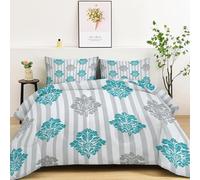 Générique Couettes Imprimée Rayures Motif Brocart, Gris Bleu-Vert Couette Matelassée Rétro 4 Saisons, Ensemble de Literie Réversible avec 2 Taies d'oreiller, 200x200cm Courtepointe Lavable en Machine