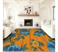 Générique Couleur Orange Tapis Salon 160 x 230 cm, Antidérapant Et Lavable en Machine Tapis, Poil Ras Rétro Imitation Bois Fin Floral Tapis pour Exterieur Interieur Chambre Salle À Manger Bureau