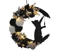 Générique Couronne d'halloween Moon Cat - Dimensions 35 X 25 Cm, Matériel PP Léger 140 G, Aucun Entretien Requis | Arrangement Floral Félin Céleste Entrée Party Favor Spooky Home Sculpture Esthétique