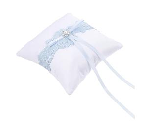 Générique Coussin Alliance Mariage Rubans et Nœud, Oreiller Porte-Alliances en Dentelle pour Cérémonie de Mariage, Accessoire Décoratif Bleu, 1 Pièce