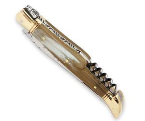 Générique Couteau - Manche en corne blonde - avec tire-bouchon et mitres en laiton - pliant - fabrication française artisanale