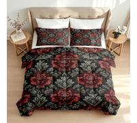 Générique Couverture 220x240 Noir Rouge Fleurs Damas 4 Saisons Réversible Imprimée Vintage Damas Fleurs Couette Legere Ete 2 Personnes Edredon Lavable en Machine avec 2 Taies d'oreiller Q-90
