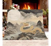 Générique Couverture Cadeau XL 150x200cm Paysage Chinois avec Dragon Doré Polaire Couverture Chaude Douce Noir Plaid pour Lits Canapés Chaises et Divans - pour Toutes Les Saisons