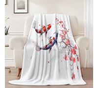 Générique Couverture en Flanelle Blanc, Minimalisme Carpes Koï Fleurs De Prunier Imprimée Couverture Plaid Sherpa 220 x 240 cm - Doux Couvertures en Laine épaisse et Chaude pour Canapé Sofa