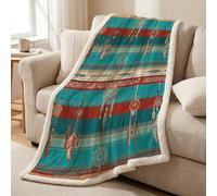 Générique Couverture et Plaid Polaire Sherpa en Microfibre - 130 x 150 cm, Doppie-Face, Douce et Chaude, Légère, Jeté pour Canapé et Lit, Toutes Saisons, Turquoise, Ethnique Rayures Symbole