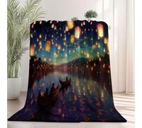 Générique Couverture Imprimée en Flanelle 150 x 200 cm, Ciel Nocturne Lanterne Reflet sur Un Lac Thème Douce et Confortable Couverture Plaid Canape - Noir Respirable Couvertures pour Chambre Bureau