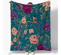Générique Couverture Plaid Fleurs Oiseaux Pivoines Roses Turquoise 130 x 150 cm 3D Imprimé Couverture Polaire Flanelle Microfibre Moelleuse Chaudes Légères Couvertures pour Voyager, Lit ou Canapé