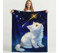 Générique Couverture Polaire Dessin animé Paisible Chat Ciel Nocturne Moelleuse Douce et Chaude Bleu Blanc Couverture de Voyage, pour Chambre à Coucher, Salon, Bureau 150cm x 150cm