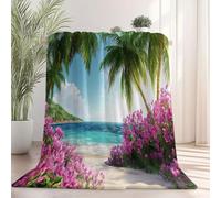 Générique Couverture Polaire en Flanelle 130x150 cm - Imprimé Plage Palmiers Fleurs Hiver Chaude Douce Moelleuse Jeté de Canapé, Bleu Violet Microfibre Couverture de Lit Convient Adulte et Enfant