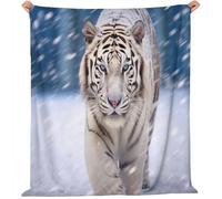 Générique Couverture Polaire en Flanelle 130x150 cm - Imprimé Scène De Neige Tigre Blanc Neige Hiver Chaude Douce Moelleuse Jeté de Canapé, Bleu Microfibre Couverture de Lit Convient Adulte et Enfant