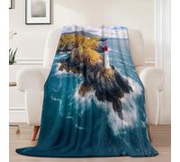 Générique Couverture Polaire en Flanelle 220x240 cm - Imprimé Vue sur La Mer Île Phare Hiver Chaude Douce Moelleuse Jeté de Canapé, Bleu Microfibre Couverture de Lit Convient Adulte et Enfant